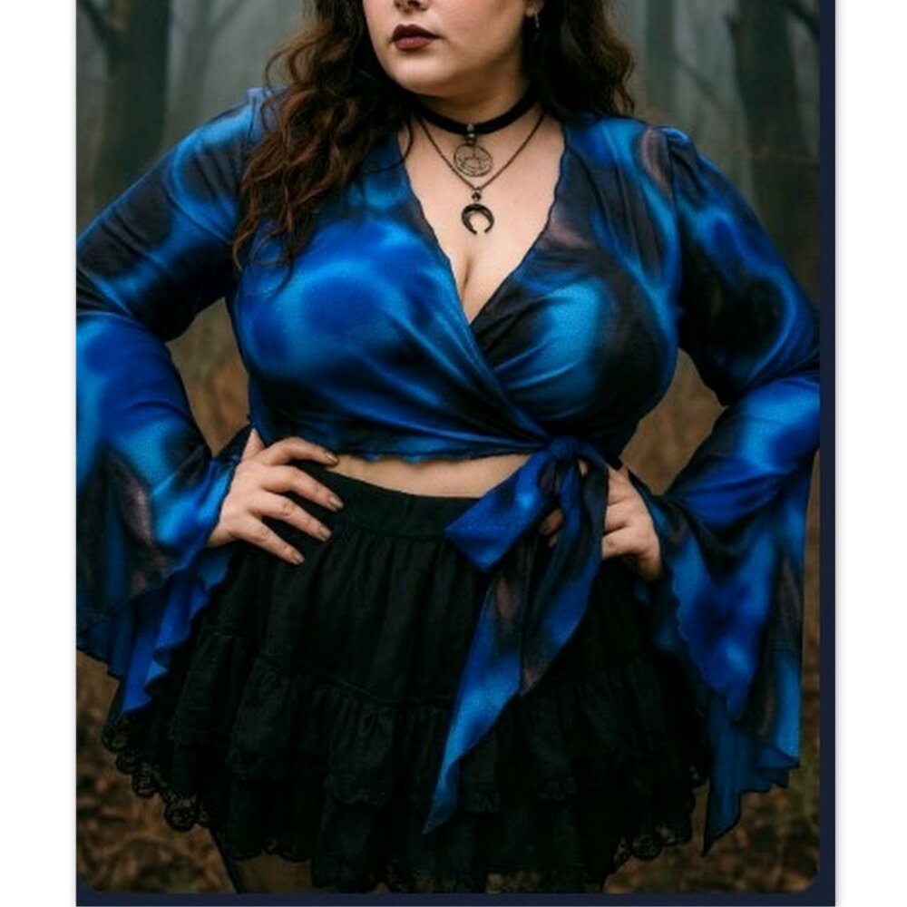 Shein Curve Blue Swirl Bell Sleeves Mesh Crop Top XL Gothic Boho Clubwear Y2K